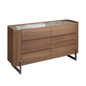 Chest of drawers in walnut and dark metallic steel with porcelain marble top