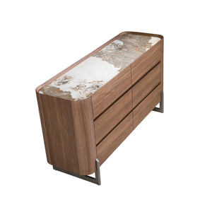 Chest of drawers in walnut and dark metallic steel with porcelain marble top