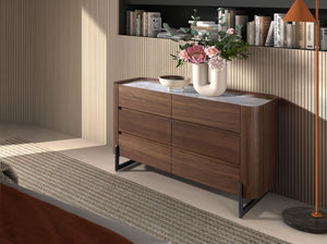 Chest of drawers in walnut and dark metallic steel with porcelain marble top
