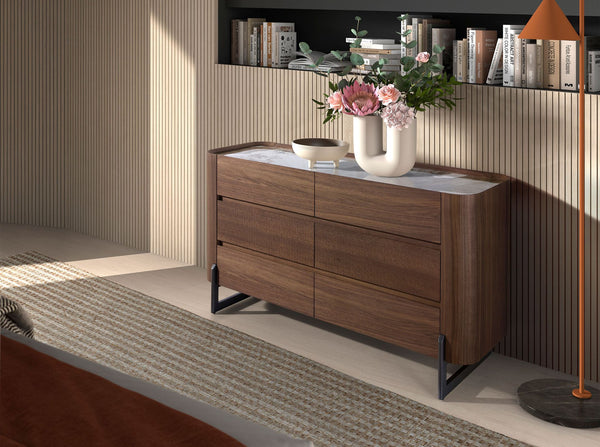Chest of drawers in walnut and dark metallic steel with porcelain marble top