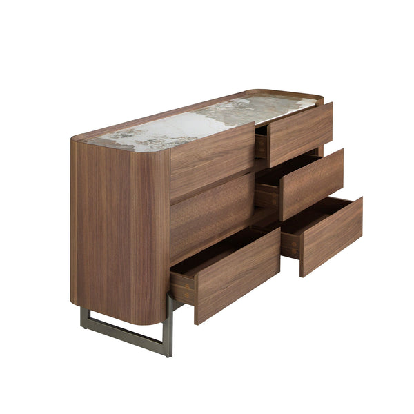Chest of drawers in walnut and dark metallic steel with porcelain marble top