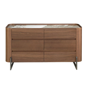 Chest of drawers in walnut and dark metallic steel with porcelain marble top