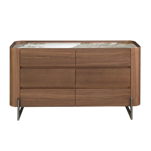 Chest of drawers in walnut and dark metallic steel with porcelain marble top