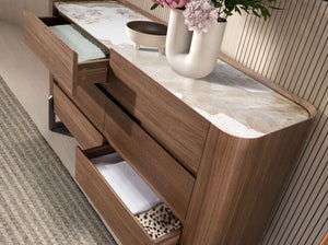 Chest of drawers in walnut and dark metallic steel with porcelain marble top