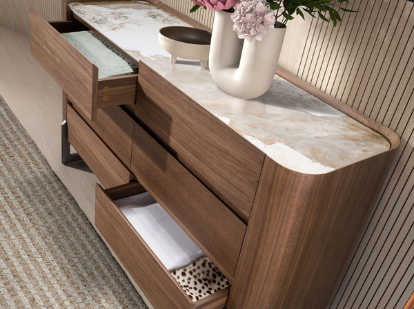 Chest of drawers in walnut and dark metallic steel with porcelain marble top