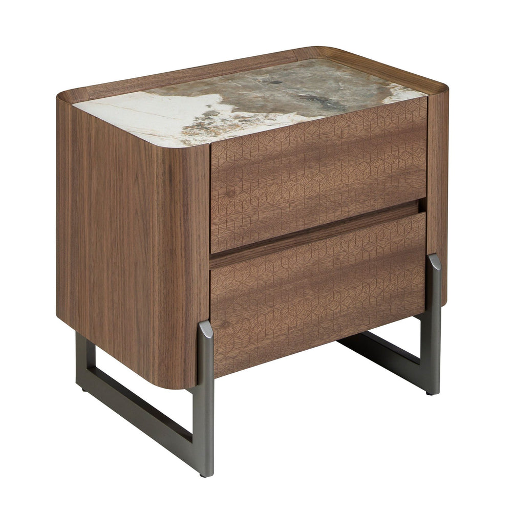 Bedside table in dark metallic steel and walnut with porcelain marble top