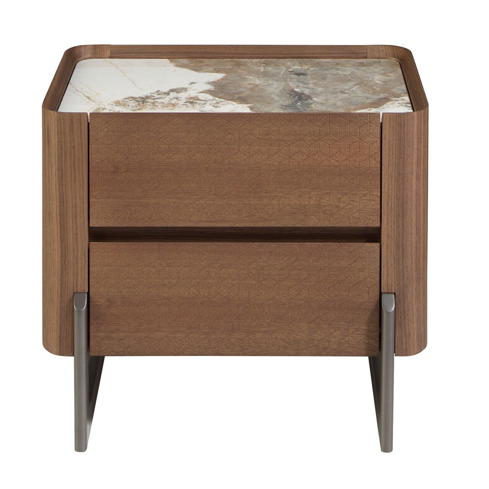 Bedside table in dark metallic steel and walnut with porcelain marble top