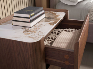 Bedside table in dark metallic steel and walnut with porcelain marble top