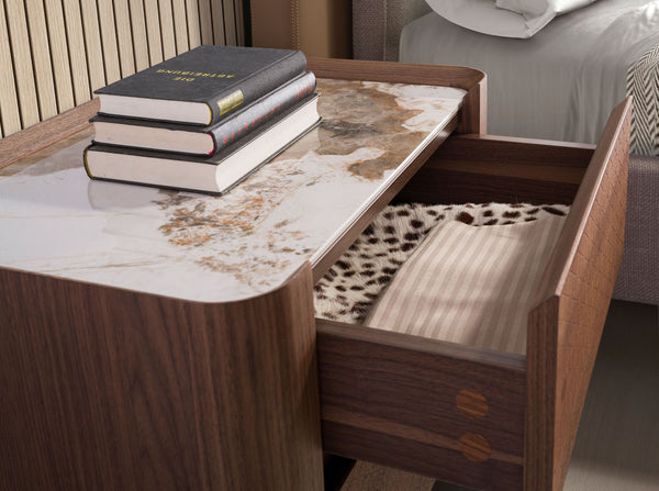 Bedside table in dark metallic steel and walnut with porcelain marble top