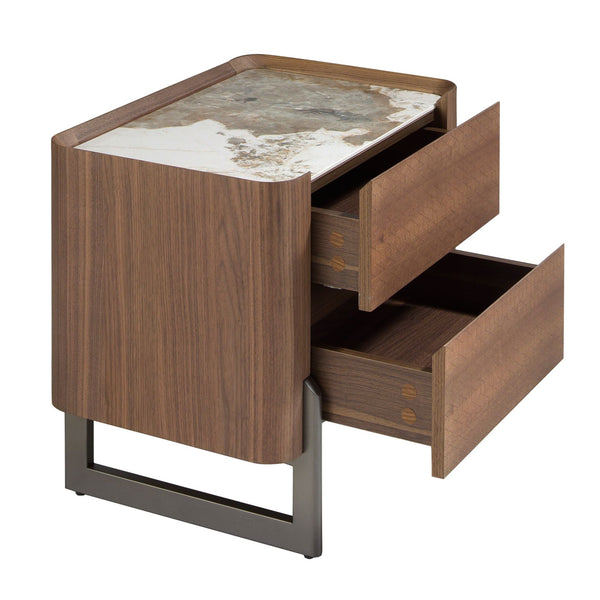 Bedside table in dark metallic steel and walnut with porcelain marble top