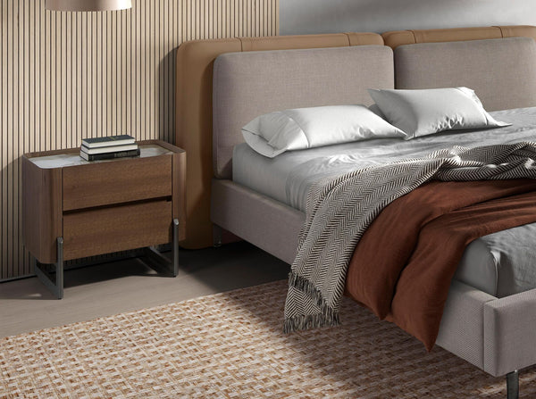 Bedside table in dark metallic steel and walnut with porcelain marble top