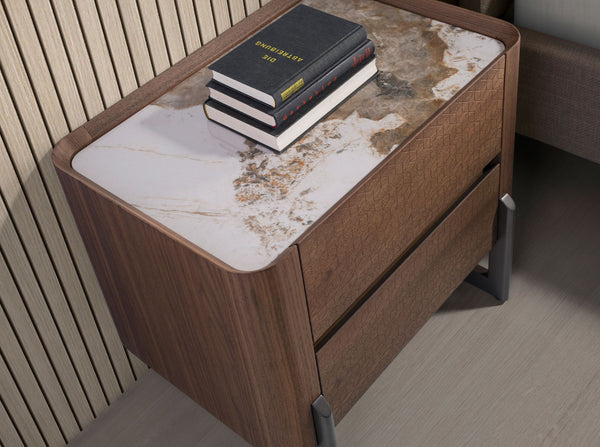 Bedside table in dark metallic steel and walnut with porcelain marble top