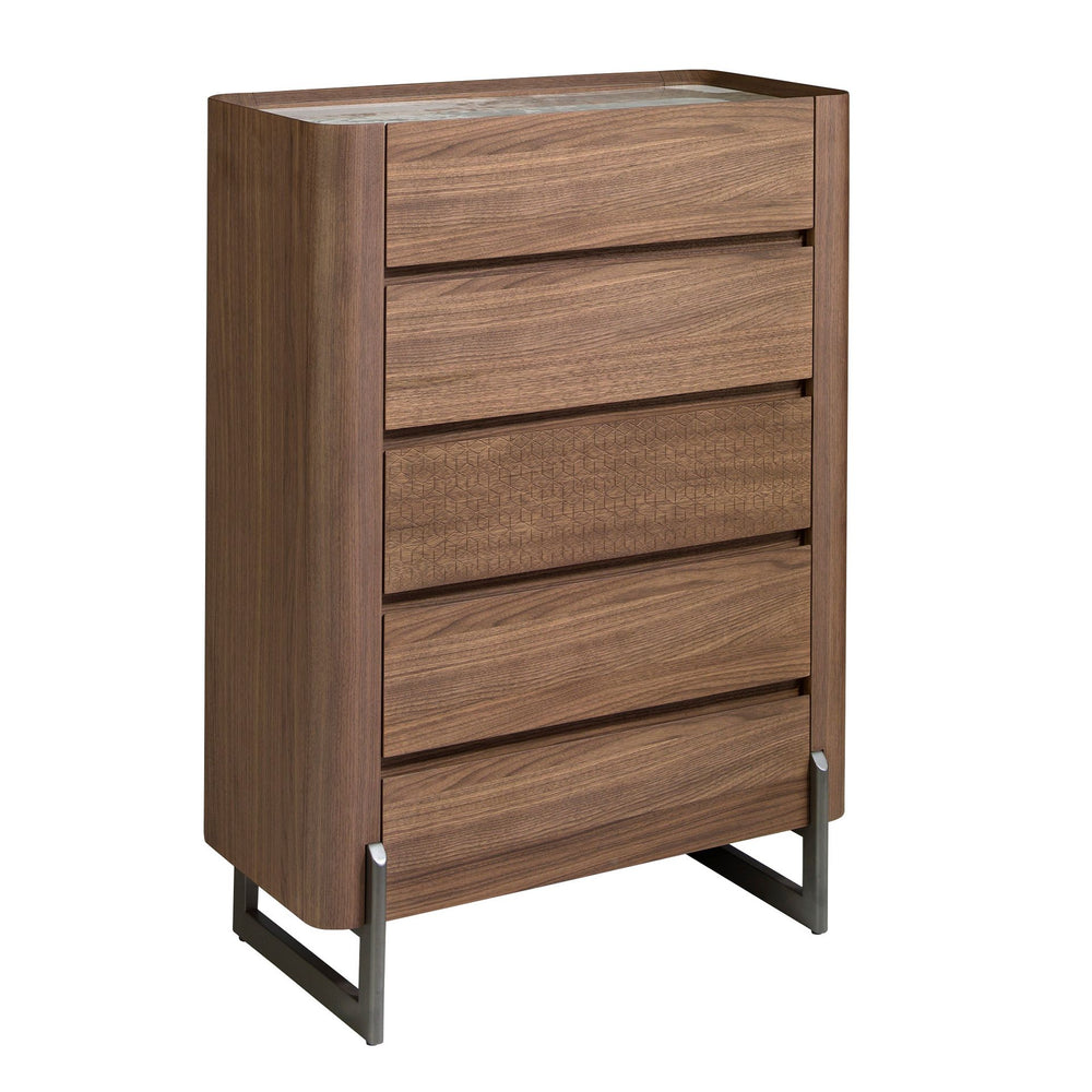 Chiffonier in walnut and dark metallic steel with porcelain marble top