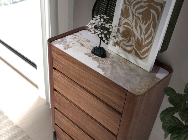 Chiffonier in walnut and dark metallic steel with porcelain marble top