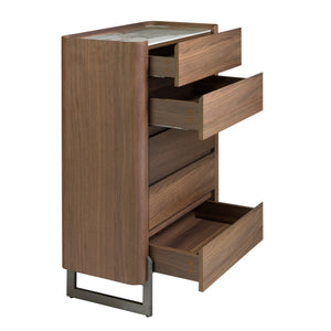 Chiffonier in walnut and dark metallic steel with porcelain marble top