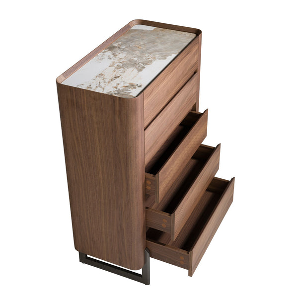 Chiffonier in walnut and dark metallic steel with porcelain marble top