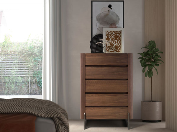Chiffonier in walnut and dark metallic steel with porcelain marble top