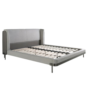 Bed in light gray fabric and dark gray synthetic leather
