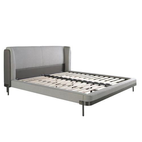 Bed in light gray fabric and dark gray synthetic leather