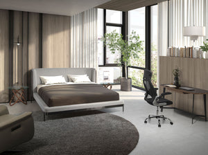 Bed in light gray fabric and dark gray synthetic leather