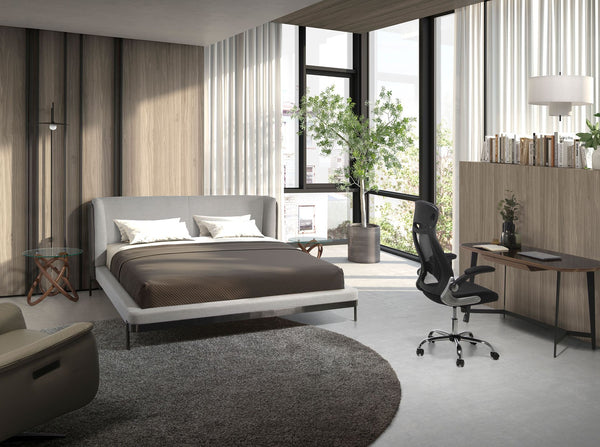 Bed in light gray fabric and dark gray synthetic leather