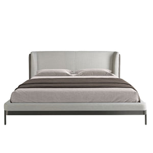Bed in light gray fabric and dark gray synthetic leather