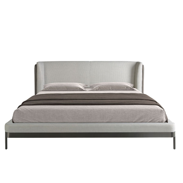 Bed in light gray fabric and dark gray synthetic leather