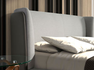 Bed in light gray fabric and dark gray synthetic leather