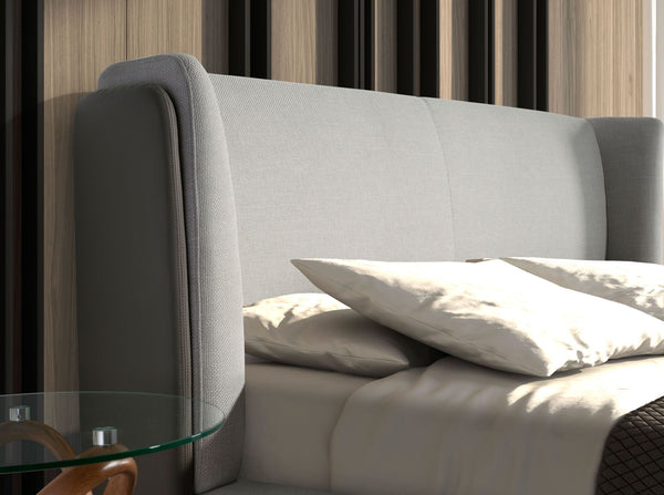 Bed in light gray fabric and dark gray synthetic leather