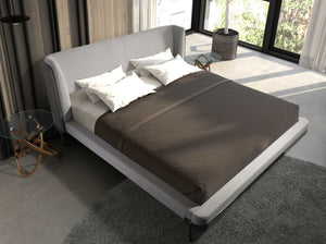 Bed in light gray fabric and dark gray synthetic leather