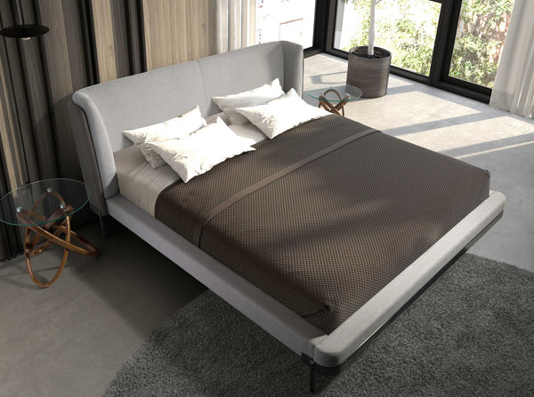 Bed in light gray fabric and dark gray synthetic leather