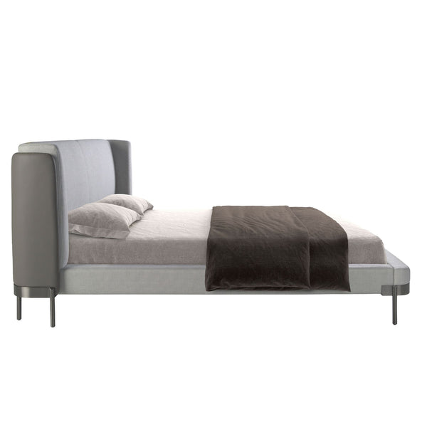 Bed in light gray fabric and dark gray synthetic leather