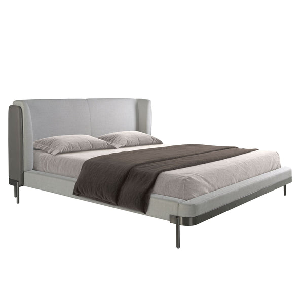 Bed in light gray fabric and dark gray synthetic leather