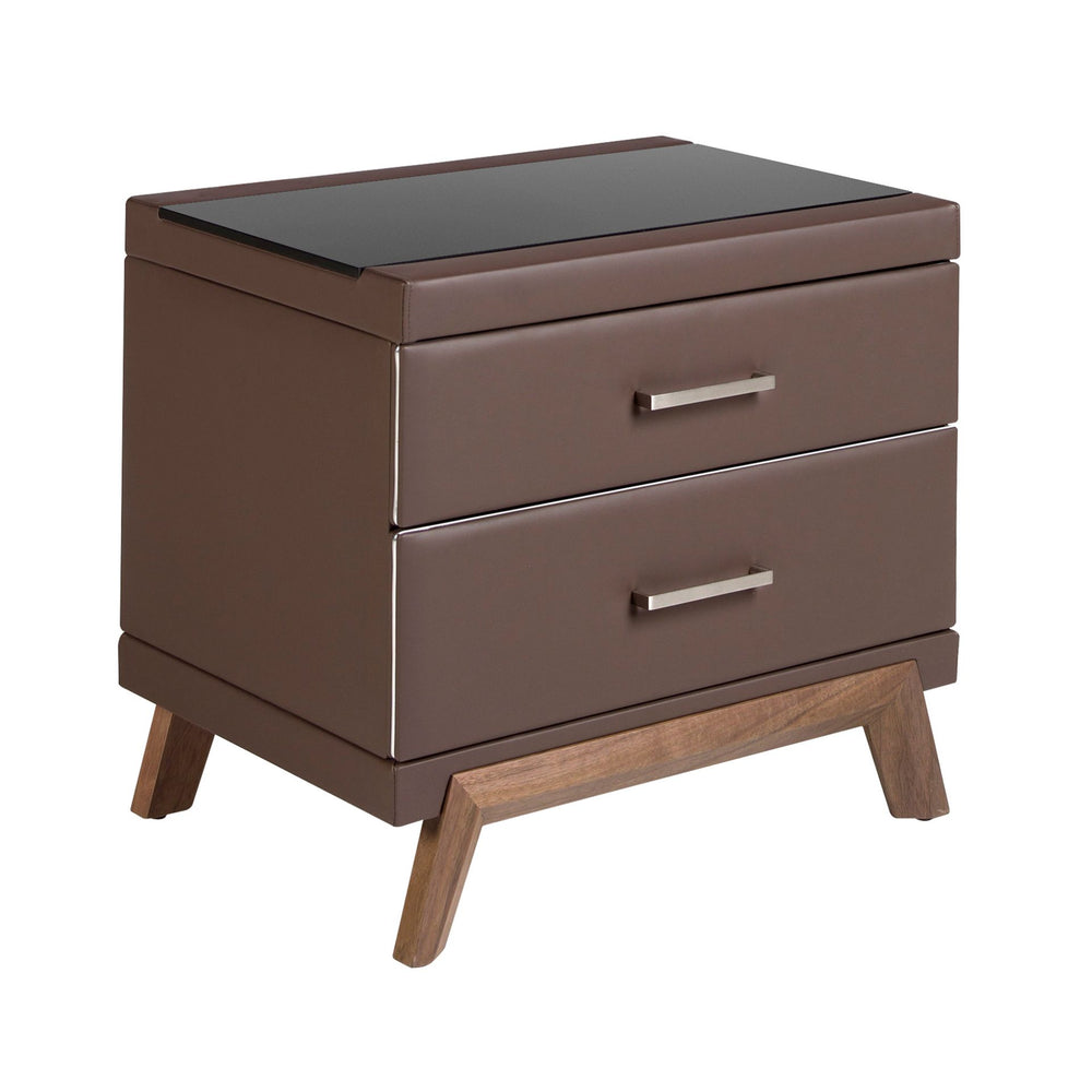 Faux leather bedside table, walnut with black glass top