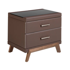 Faux leather bedside table, walnut with black glass top