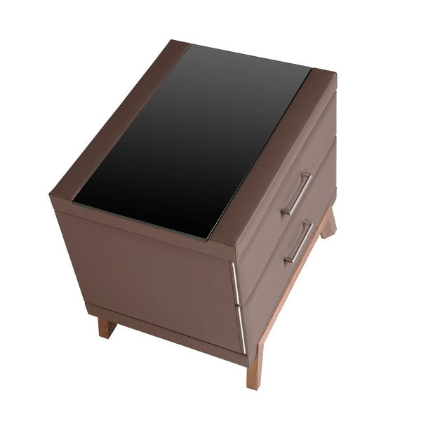 Faux leather bedside table, walnut with black glass top