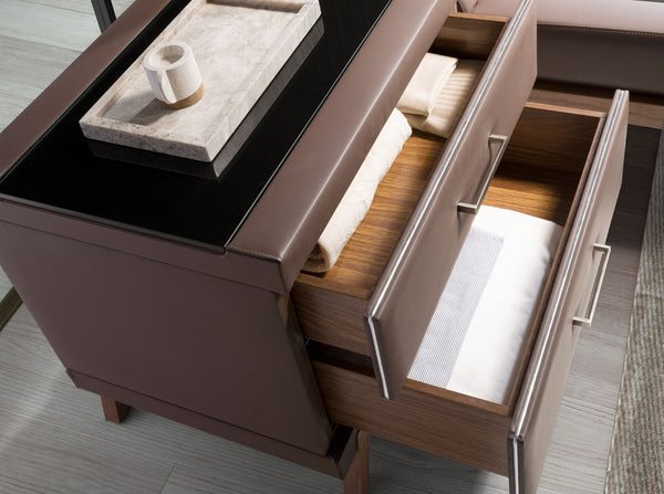Faux leather bedside table, walnut with black glass top