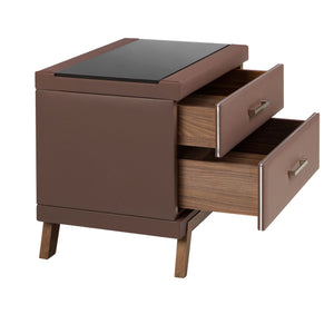Faux leather bedside table, walnut with black glass top