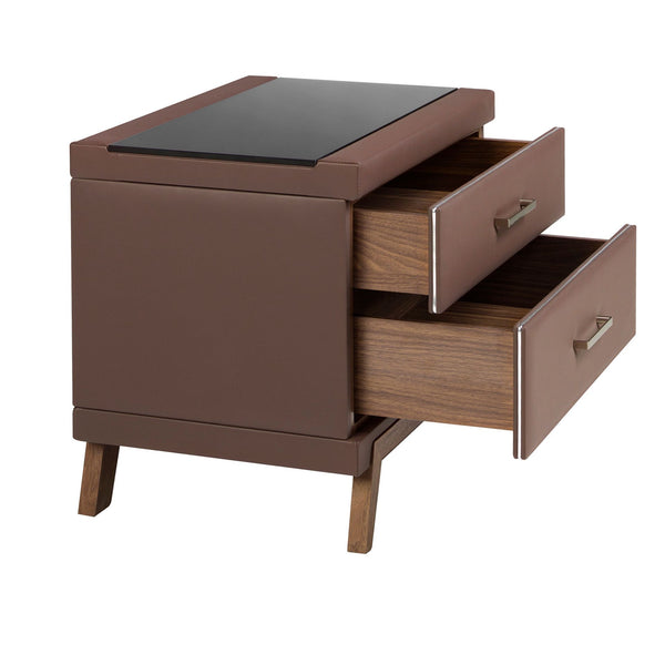 Faux leather bedside table, walnut with black glass top