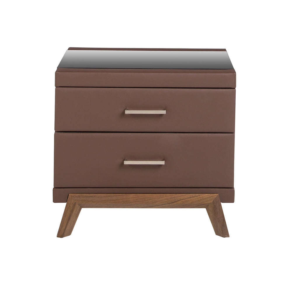 Faux leather bedside table, walnut with black glass top