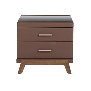 Faux leather bedside table, walnut with black glass top