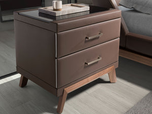 Faux leather bedside table, walnut with black glass top