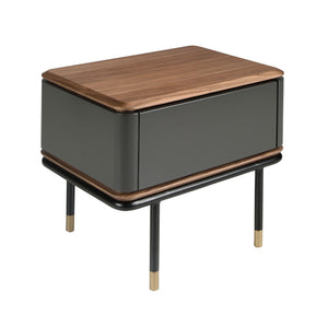 Bedside table in dark gray matte wood, black steel and walnut top