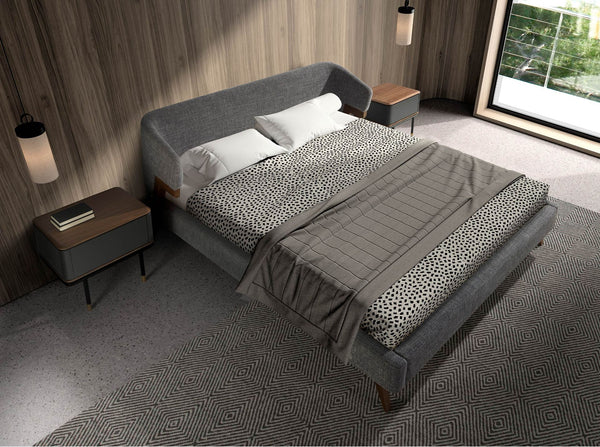 Bedside table in dark gray matte wood, black steel and walnut top