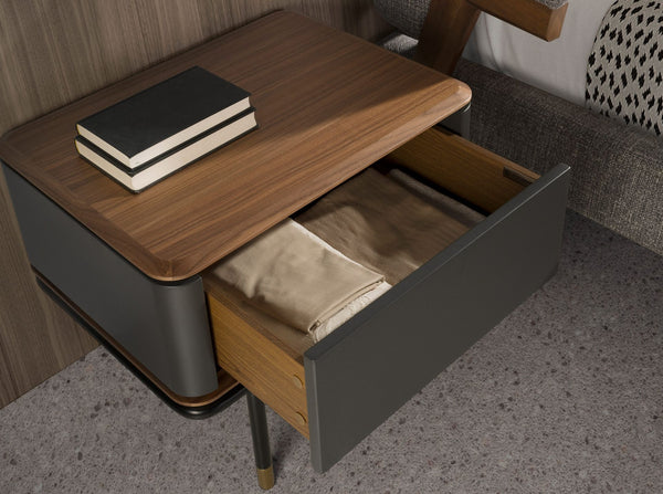 Bedside table in dark gray matte wood, black steel and walnut top