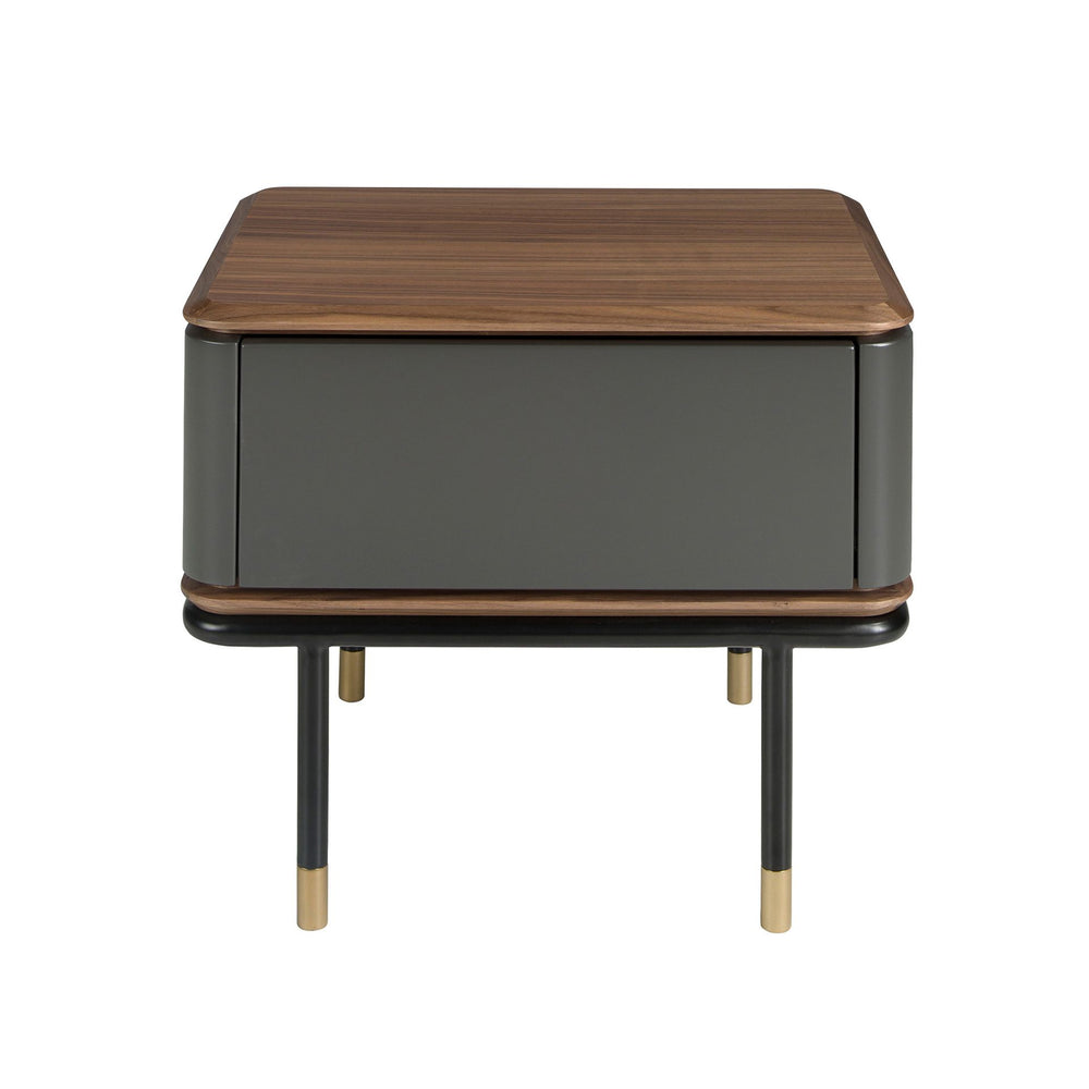 Bedside table in dark gray matte wood, black steel and walnut top