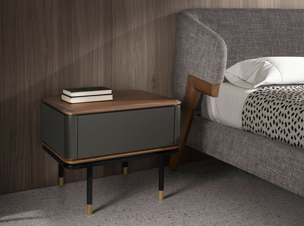 Bedside table in dark gray matte wood, black steel and walnut top