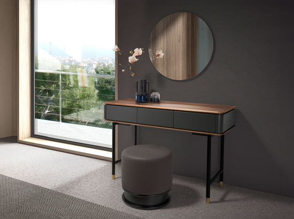 Rectangular console in walnut, dark gray matte wood and black steel