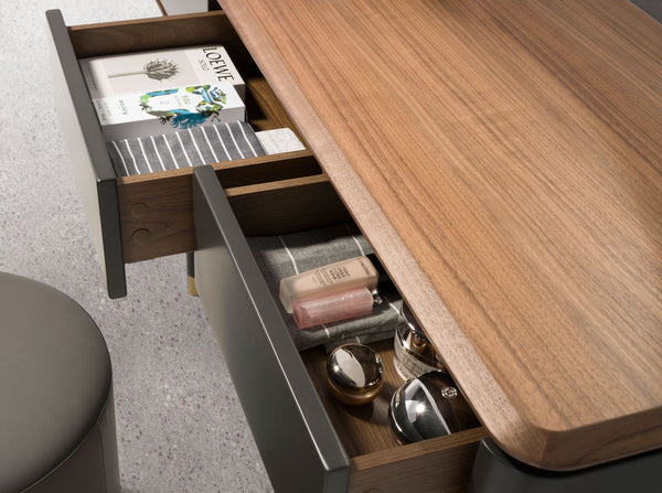 Rectangular console in walnut, dark gray matte wood and black steel