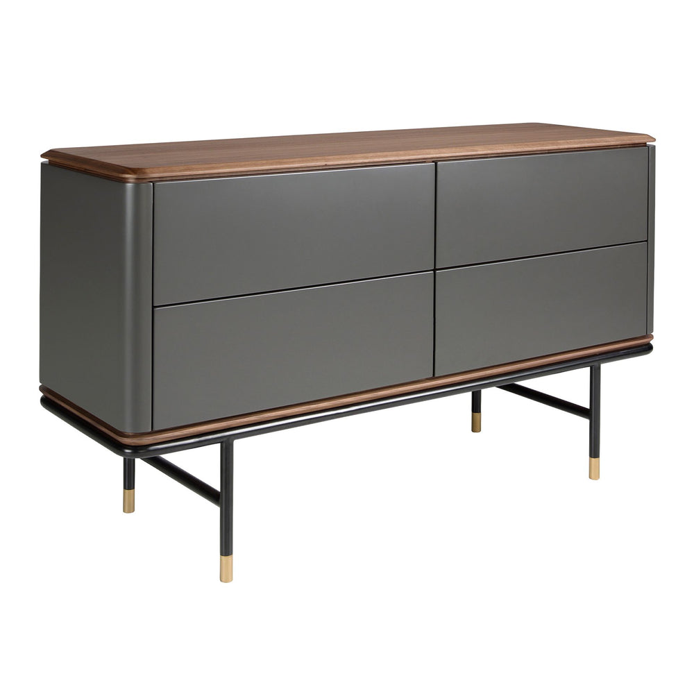 Chest of drawers in dark grey matte wood, black steel and walnut top